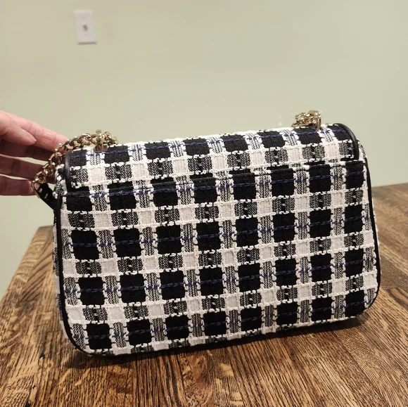 NWT Kate Spade Black, White, Blue Carey Checked Tweed Medium Shoulder Bag Chain - Picture 15 of 15